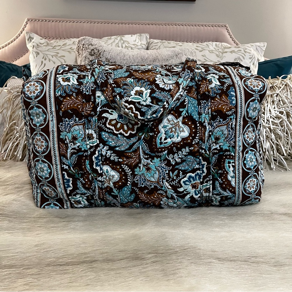 Vera Bradley Brown and Teal Floral Quilted Travel Duffel
